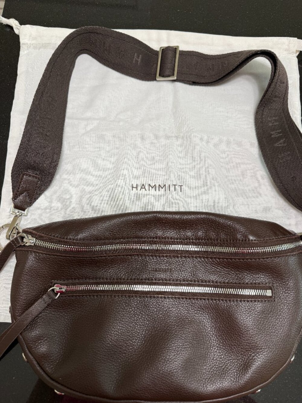 Hammitt Charles Crossbody Large, Espresso Brown Pebble Leather with shiny silver
